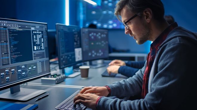Softwaretester arbeitet am PC und berät Unternehmen